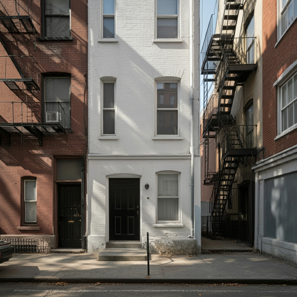 A narrow white townhouse in New York City with contrasting red brick buildings on either side.