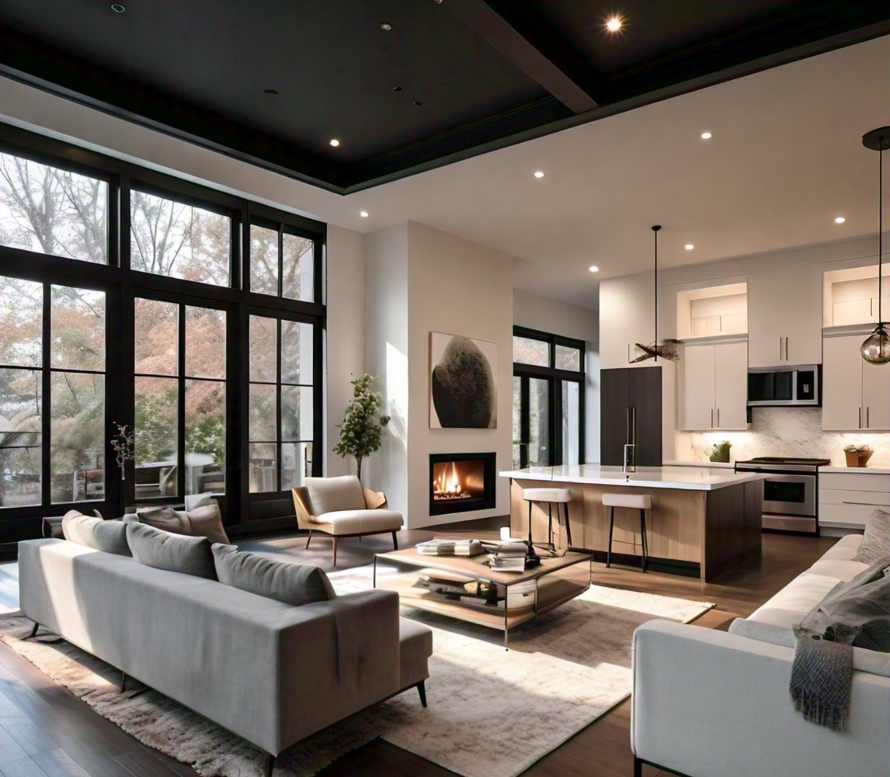 A modern, open-concept living room and kitchen with large windows, a fireplace, and a black ceiling.