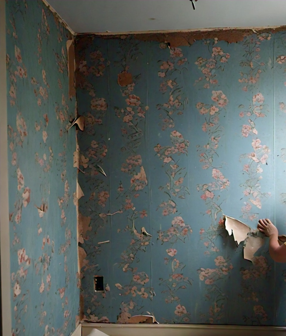 Close-up of a person using a scraper to remove wallpaper from a wall.