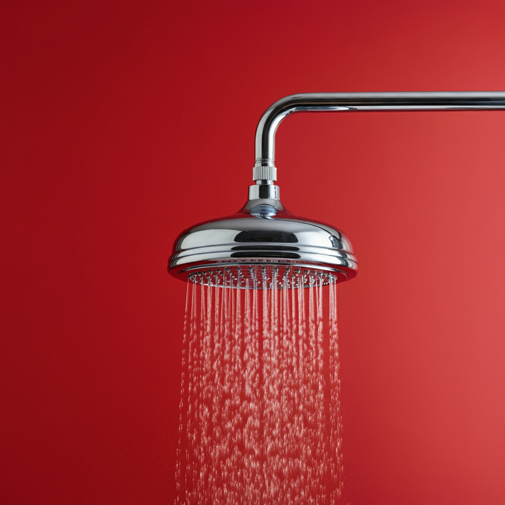 A person holding a shower head against a bold red background, symbolizing the decision-making process involved in selecting the perfect shower head for a bathroom renovation.