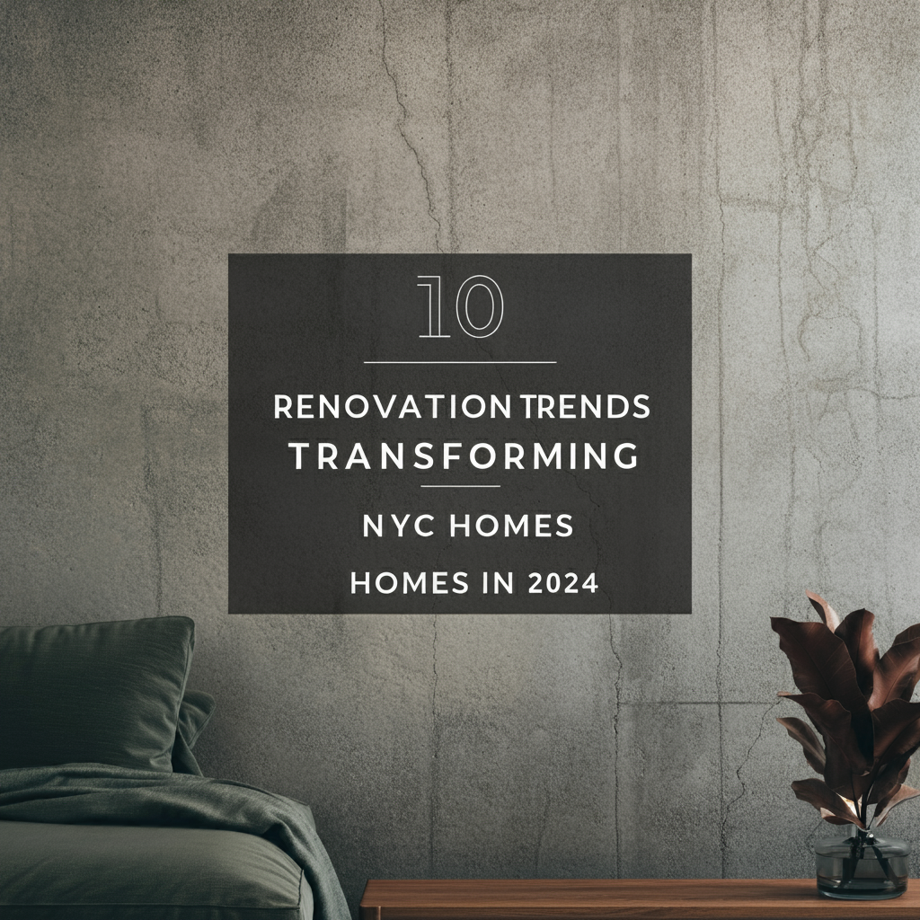 Minimalist interior design featuring a modern sofa and plant, with a text overlay showcasing '10 Renovation Trends Transforming NYC Homes in 2024.