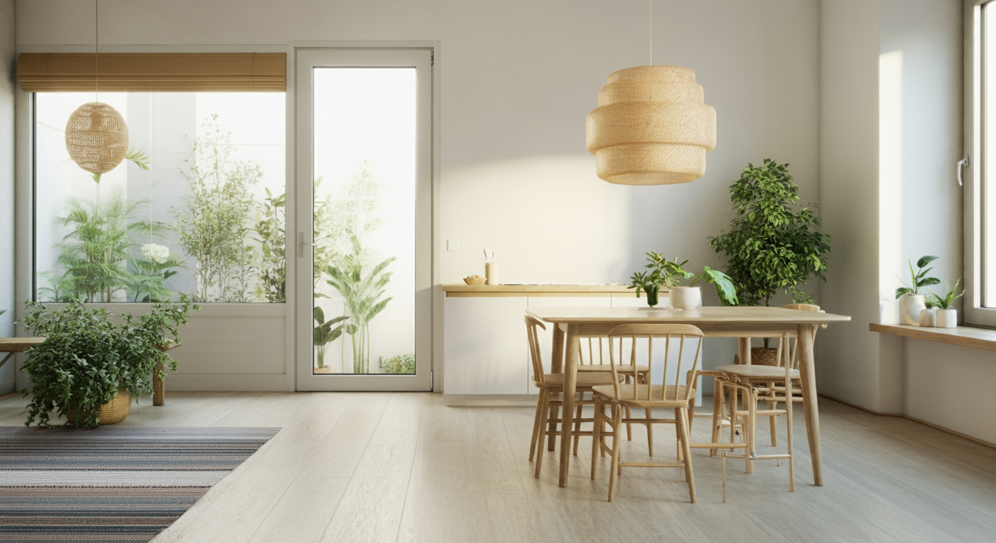 Bright dining area with natural light, indoor plants, and eco-friendly design elements, showcasing a healthier home environment.