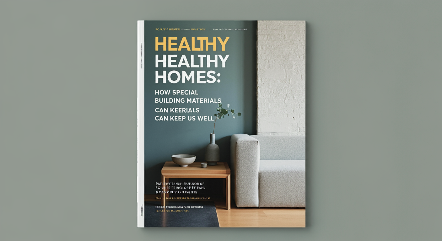 Magazine cover featuring 'Healthy Homes: How Special Building Materials Can Keep Us Well,' with a modern living room showcasing a minimal design, a potted plant, and soft lighting.