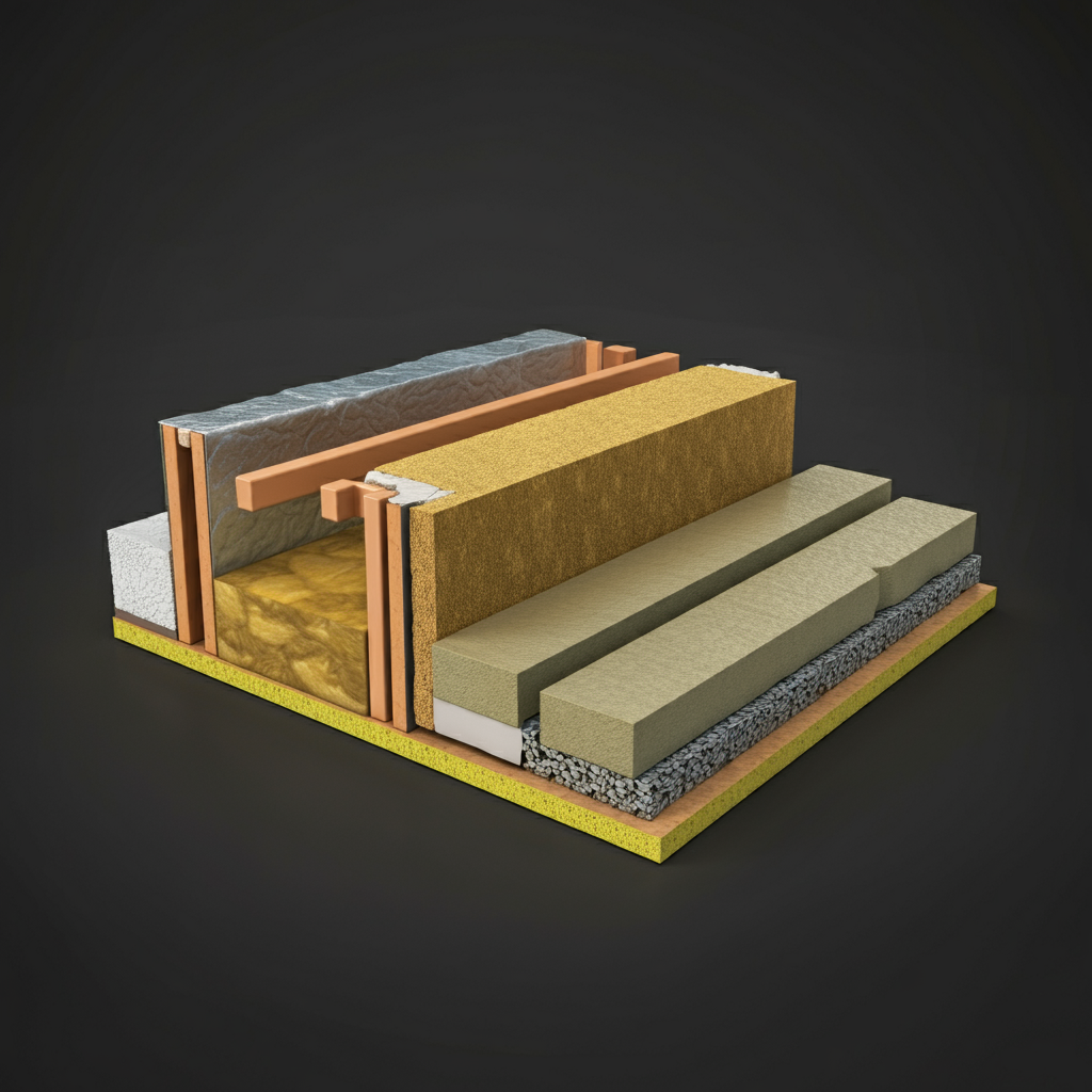 Cross-section of a wall showing multiple layers of insulation materials, including mineral wool and airtight sealing, for energy efficiency and moisture protection.