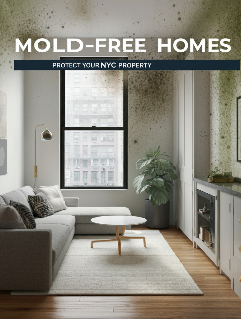 A modern NYC living room with visible mold on walls and a focus on creating a healthier, mold-free home through smart renovations.