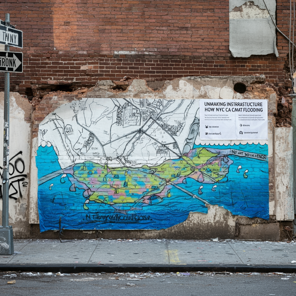 A mural illustrating a map-based plan for 'Unmaking Infrastructure: How NYC Can Combat Flooding,' highlighting natural flood resilience strategies in urban areas like Staten Island and Queens.