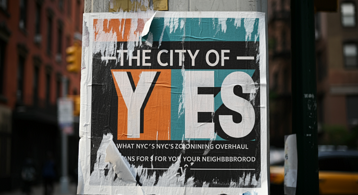 A torn poster in NYC with the text "City of Yes" promoting the zoning overhaul initiative, symbolizing change and progress for neighborhoods.