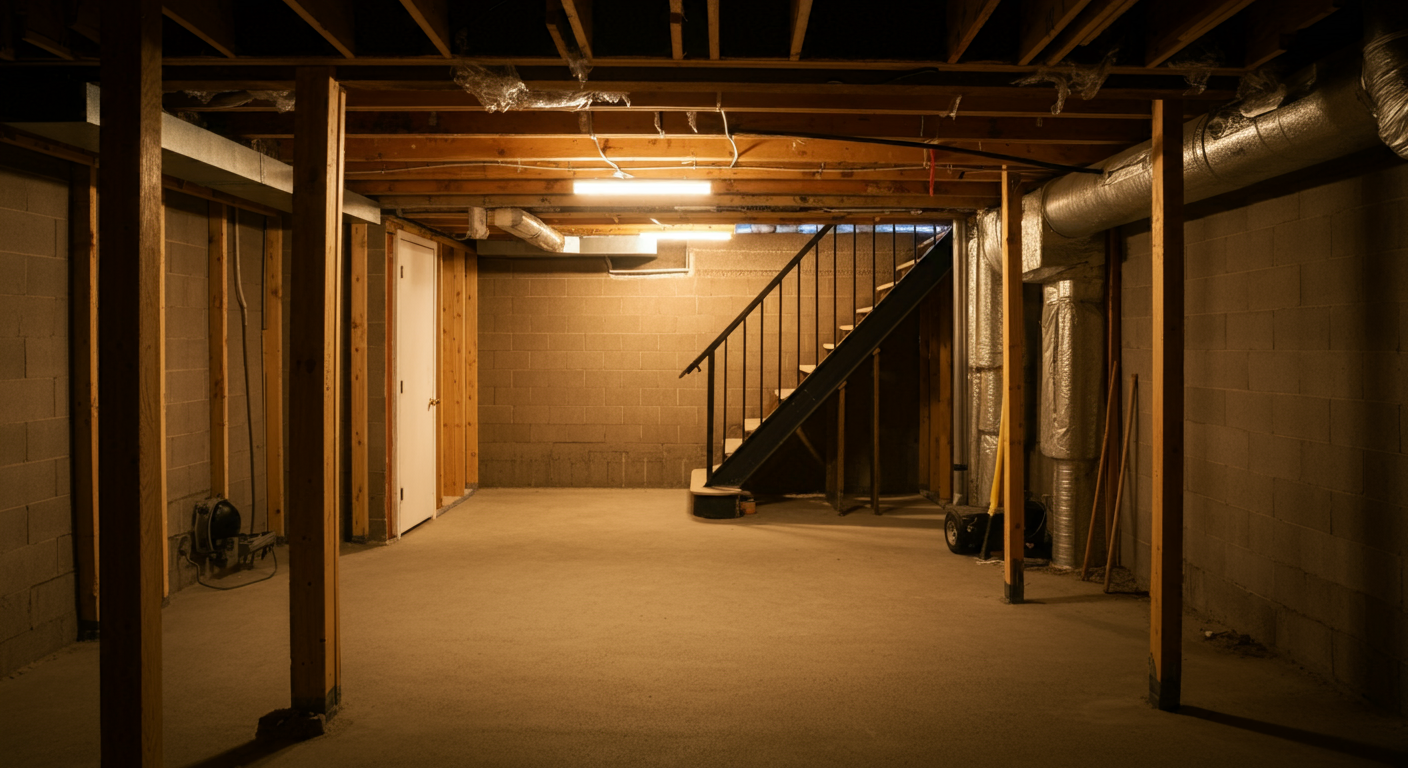 A spacious, unfinished basement with exposed wooden beams and stairs, illustrating a pre-renovation space in compliance with NYC building codes.