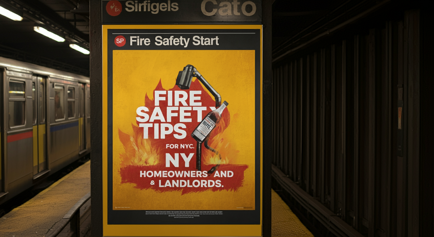 Fire safety tips for NYC homeowners and landlords displayed on a bold subway poster, highlighting essential fire prevention measures in New York City.