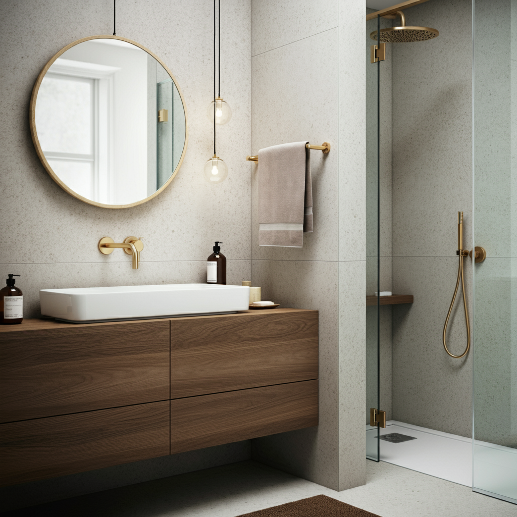 Modern bathroom featuring a wooden floating vanity, round mirror, and glass shower with gold fixtures, showcasing stylish and functional design.