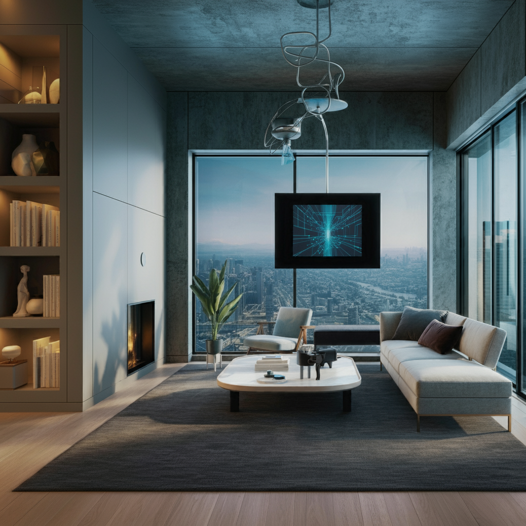 Modern smart living room with IoT-enabled features, large glass windows offering a city view, sleek furniture, and integrated smart lighting and temperature controls.