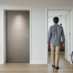 A wheelchair user smiling next to an automated door while another person walks through, showcasing accessible smart home technology.