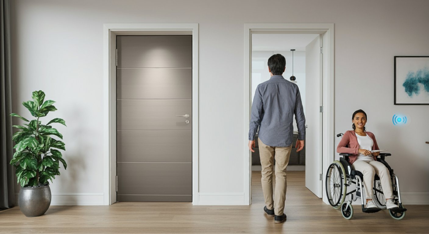 A wheelchair user smiling next to an automated door while another person walks through, showcasing accessible smart home technology.