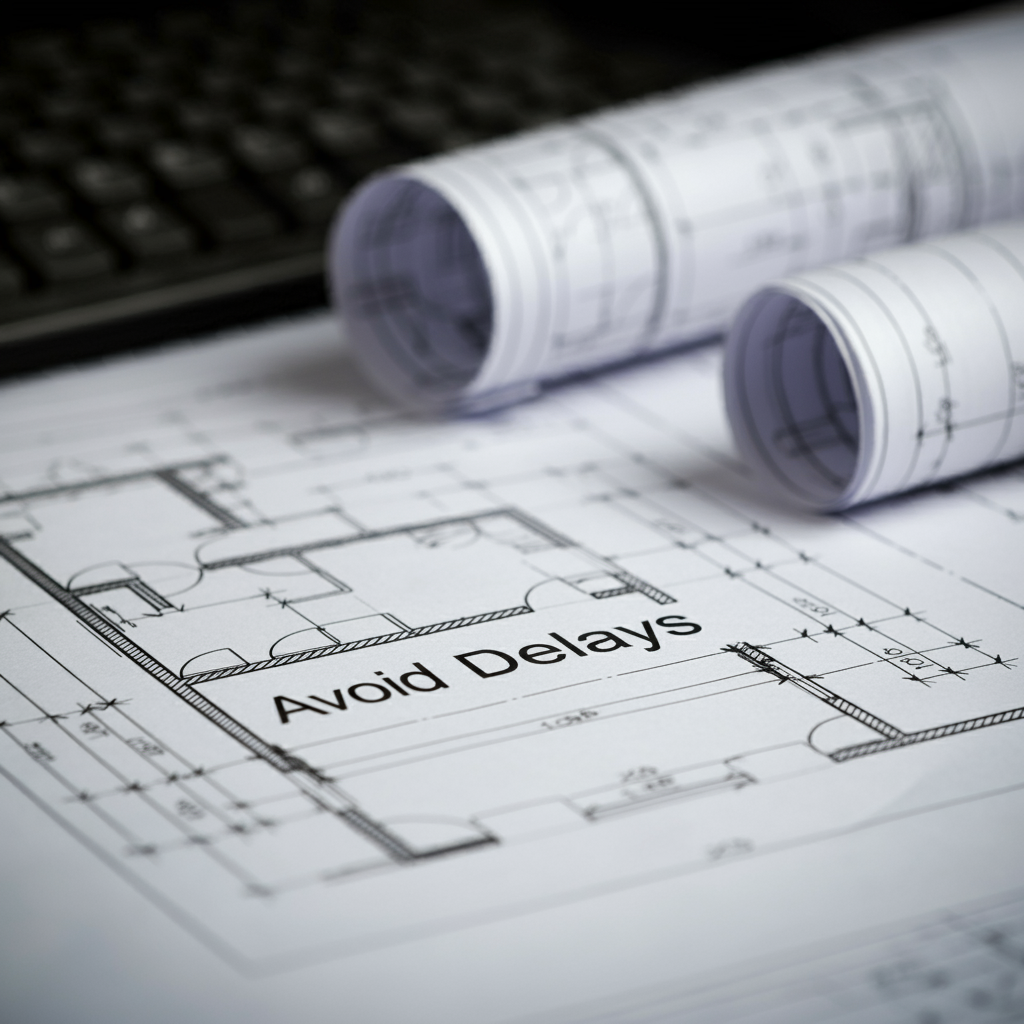 Rolled construction blueprints labeled 'Avoid Delays' placed on a desk, symbolizing planning and strategies to prevent project setbacks.