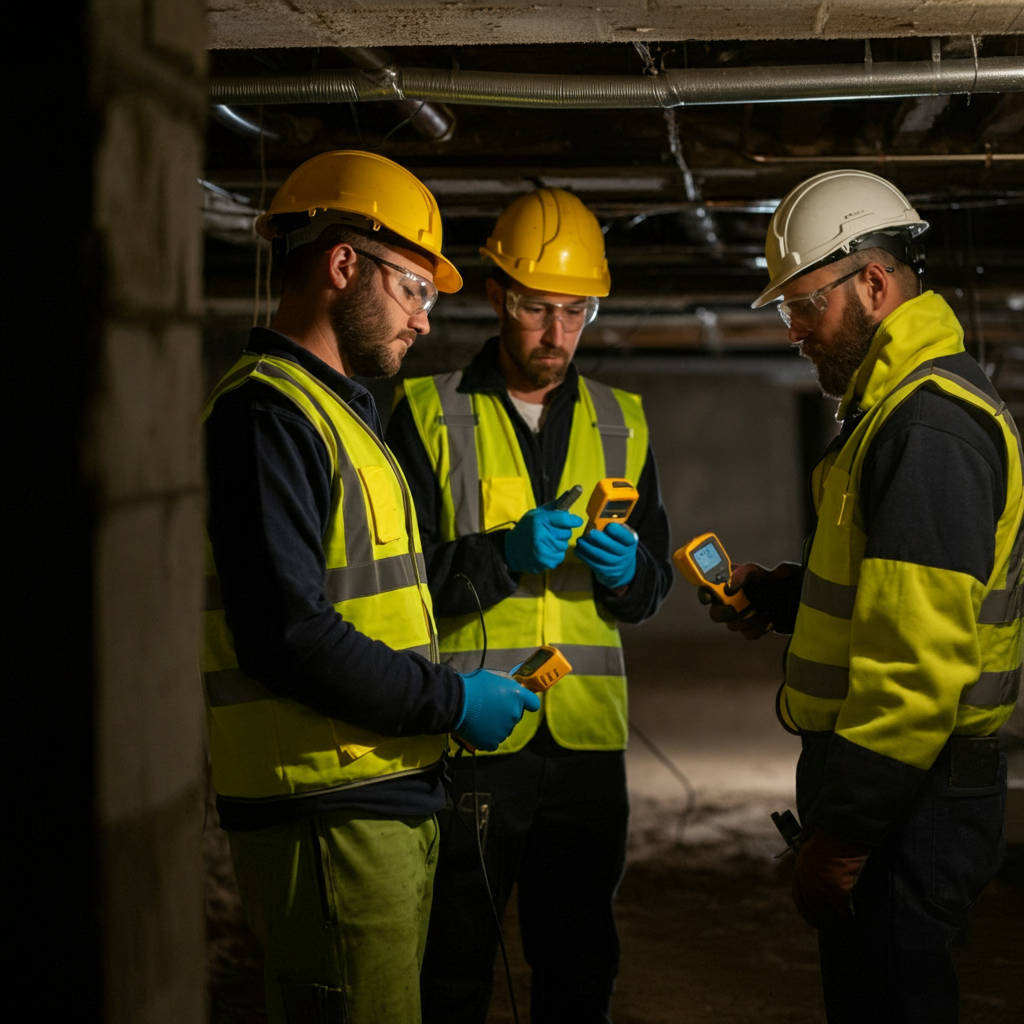 Construction professionals using moisture detection tools in a basement for mold prevention.