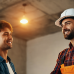 A contractor in a hard hat smiling and shaking hands with a satisfied client inside a partially renovated space.