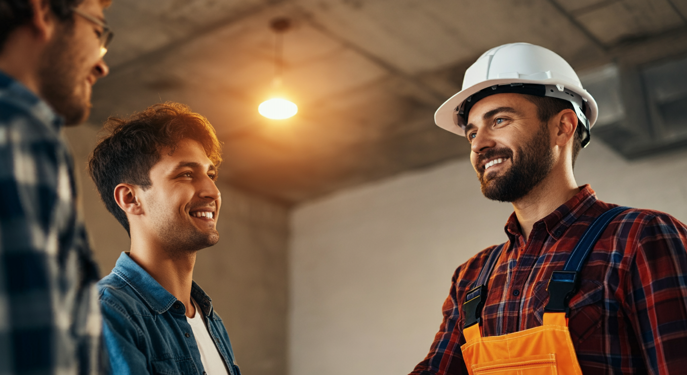 A contractor in a hard hat smiling and shaking hands with a satisfied client inside a partially renovated space.