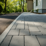 Close-up view of a newly constructed sidewalk and driveway featuring interlocking concrete pavers with a smooth edge, surrounded by greenery, showcasing durable and long-lasting materials ideal for NYC properties.