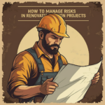 Illustration of a construction worker reviewing project blueprints, symbolizing careful planning and risk management in renovation projects.