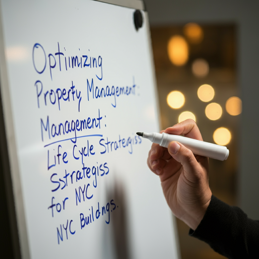 Hand writing property management life cycle strategies on a whiteboard, representing planning and optimization for NYC buildings.