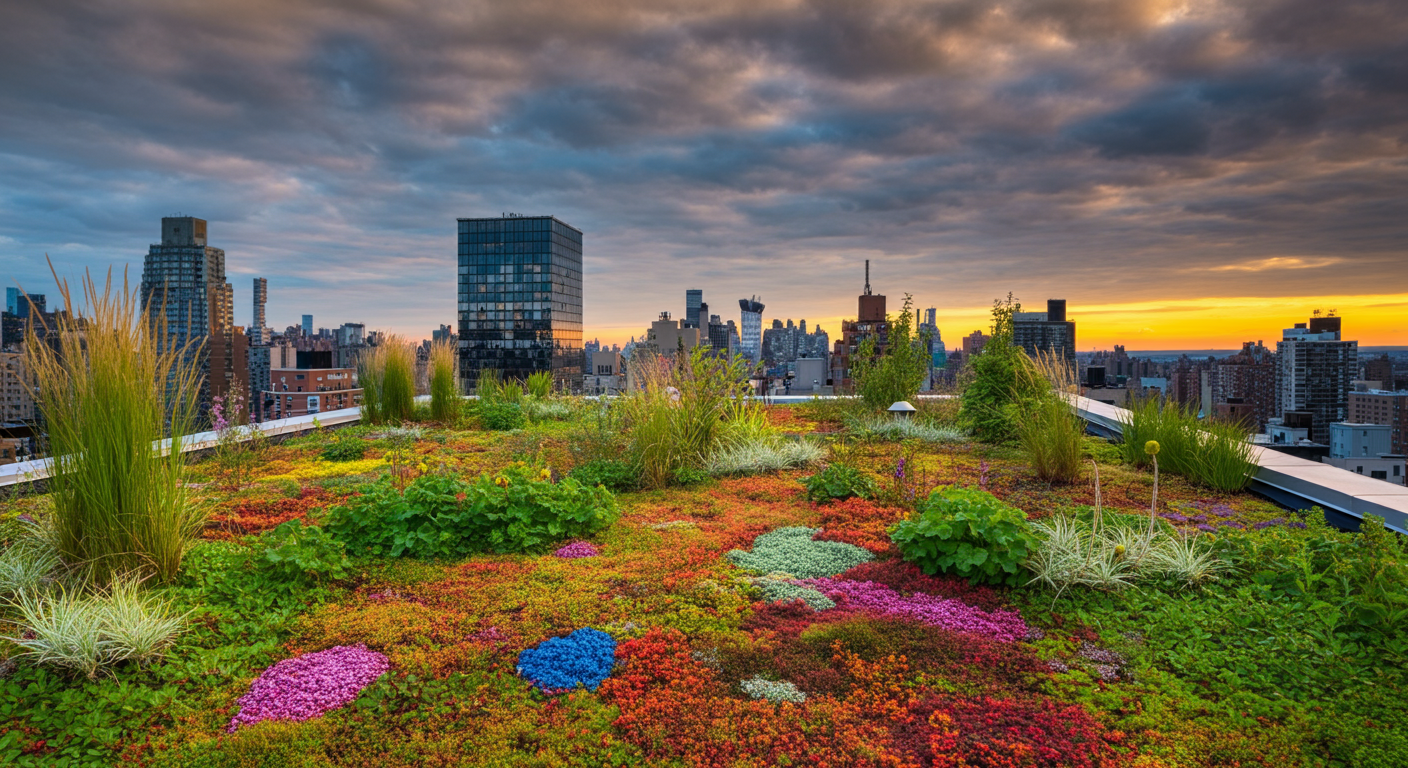 Green roof on an NYC building at sunset, featuring colorful vegetation with a vibrant city skyline in the background.