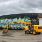 Graffiti removal equipment in front of a wall covered in vibrant street art on a cloudy day.