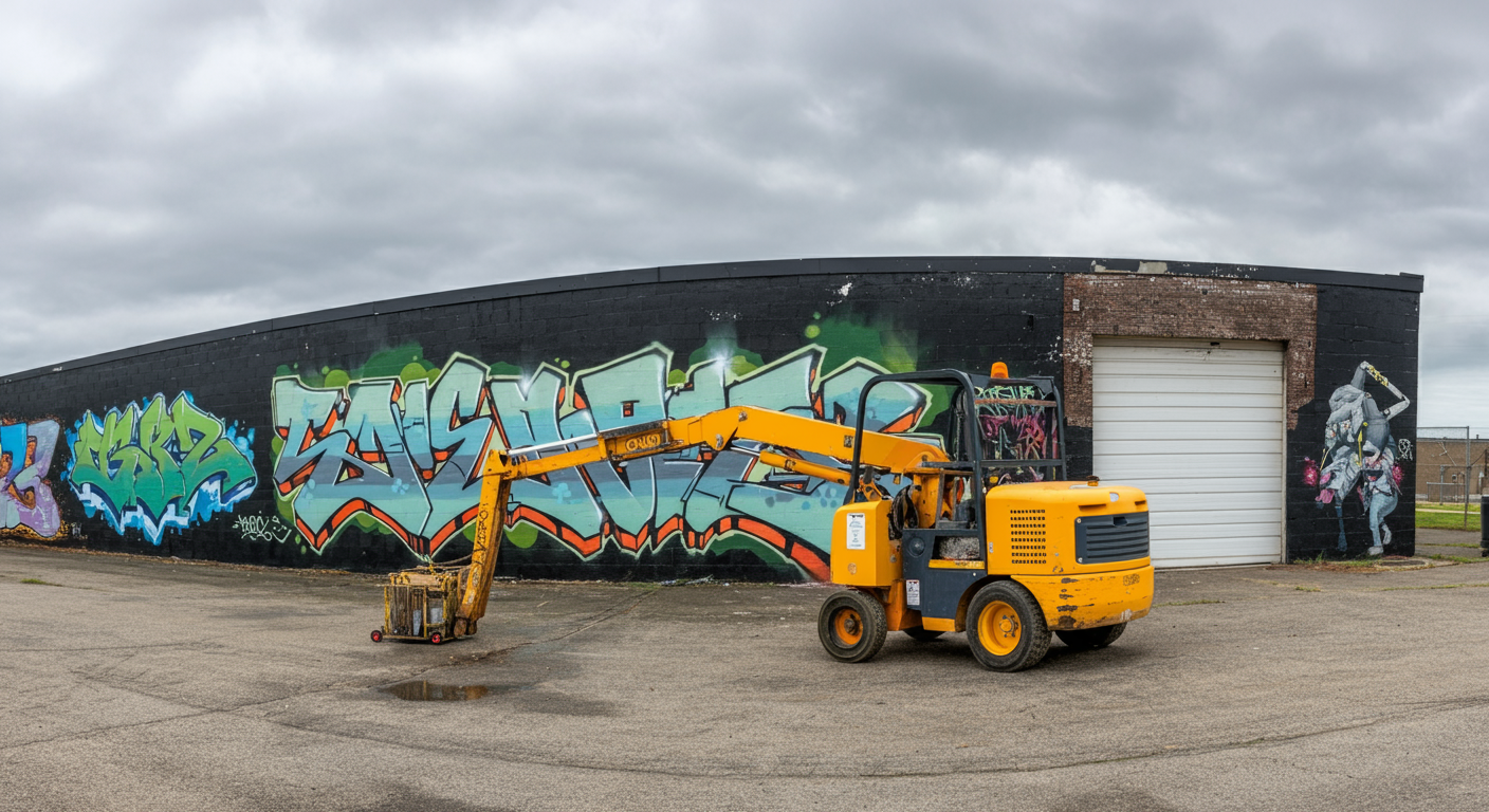 Graffiti removal equipment in front of a wall covered in vibrant street art on a cloudy day.