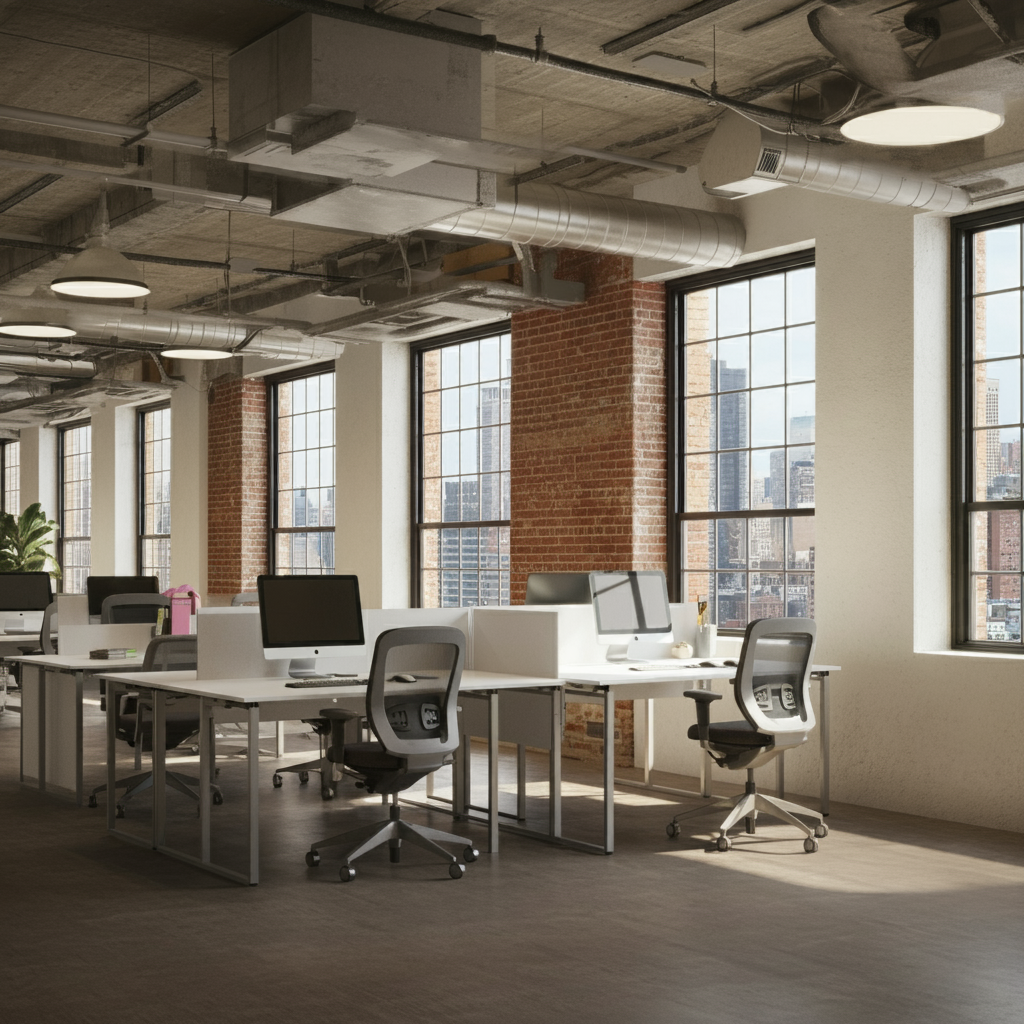 Modern NYC office with exposed brick walls, large energy-efficient windows, ergonomic desks, and a layout designed for productivity and well-being.