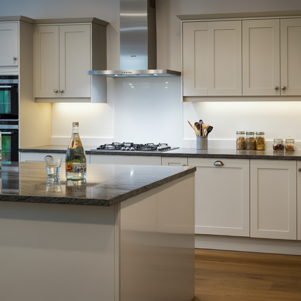 Modern kitchen with white cabinetry, a granite countertop island, and stainless steel appliances, showcasing efficient storage and sleek lighting.