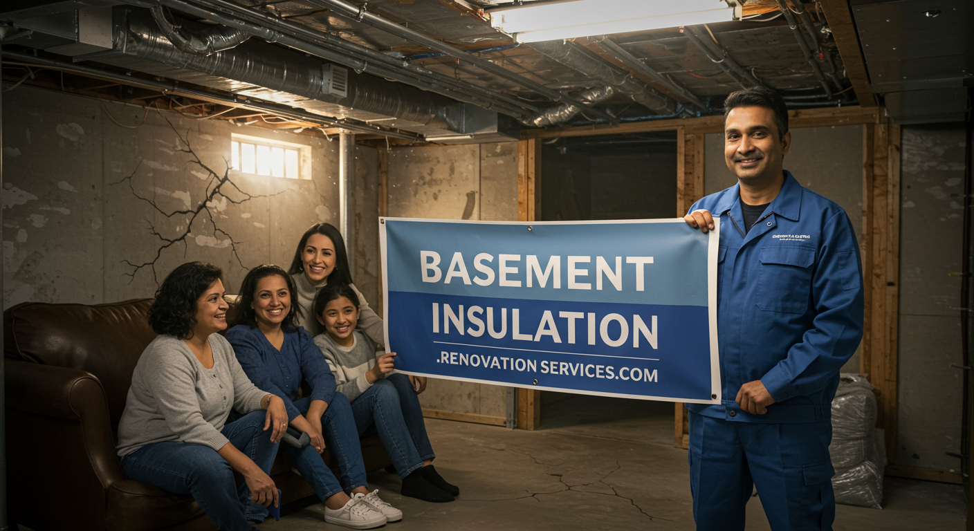A professional renovation expert in a blue uniform holds a 'Basement Insulation' sign while a smiling family sits on a couch in a newly framed basement. Promoting basement insulation services by RenovationServices.com.
