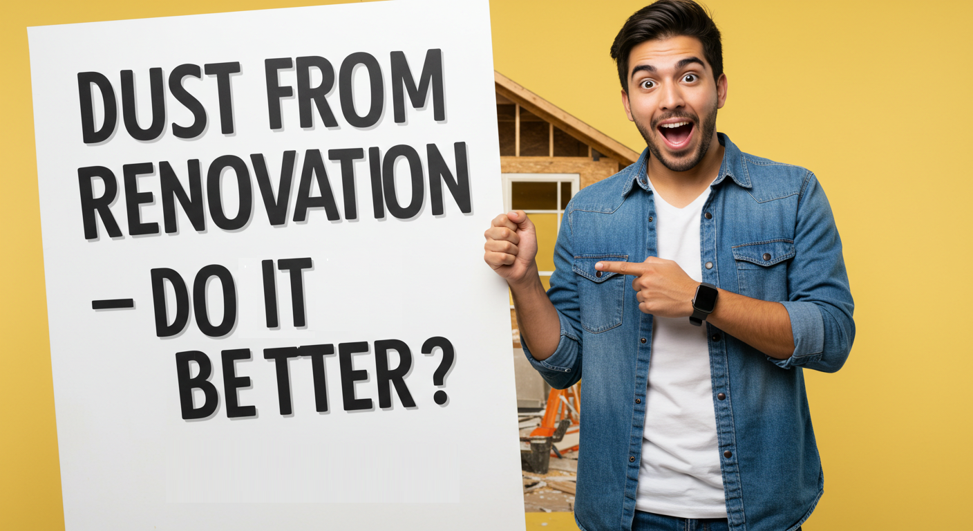 A surprised and excited man in a denim jacket points at a large sign that reads "Dust from Renovation – Do It Better?" with a home under renovation in the background. The image highlights the importance of managing dust during the demo stage of a renovation.