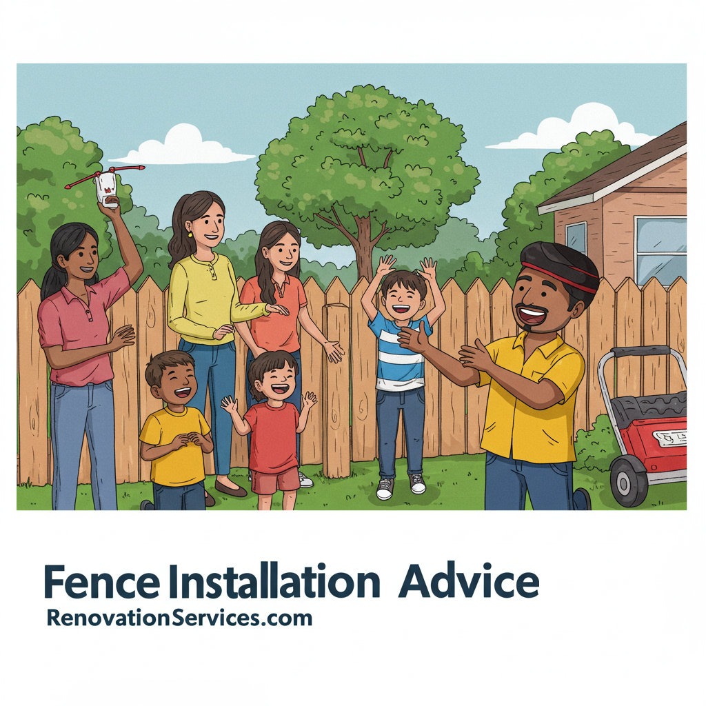 A happy family enjoying their backyard, surrounded by a newly installed wooden fence. The father gestures with excitement while the children play, showcasing the benefits of a secure, well-built fence.