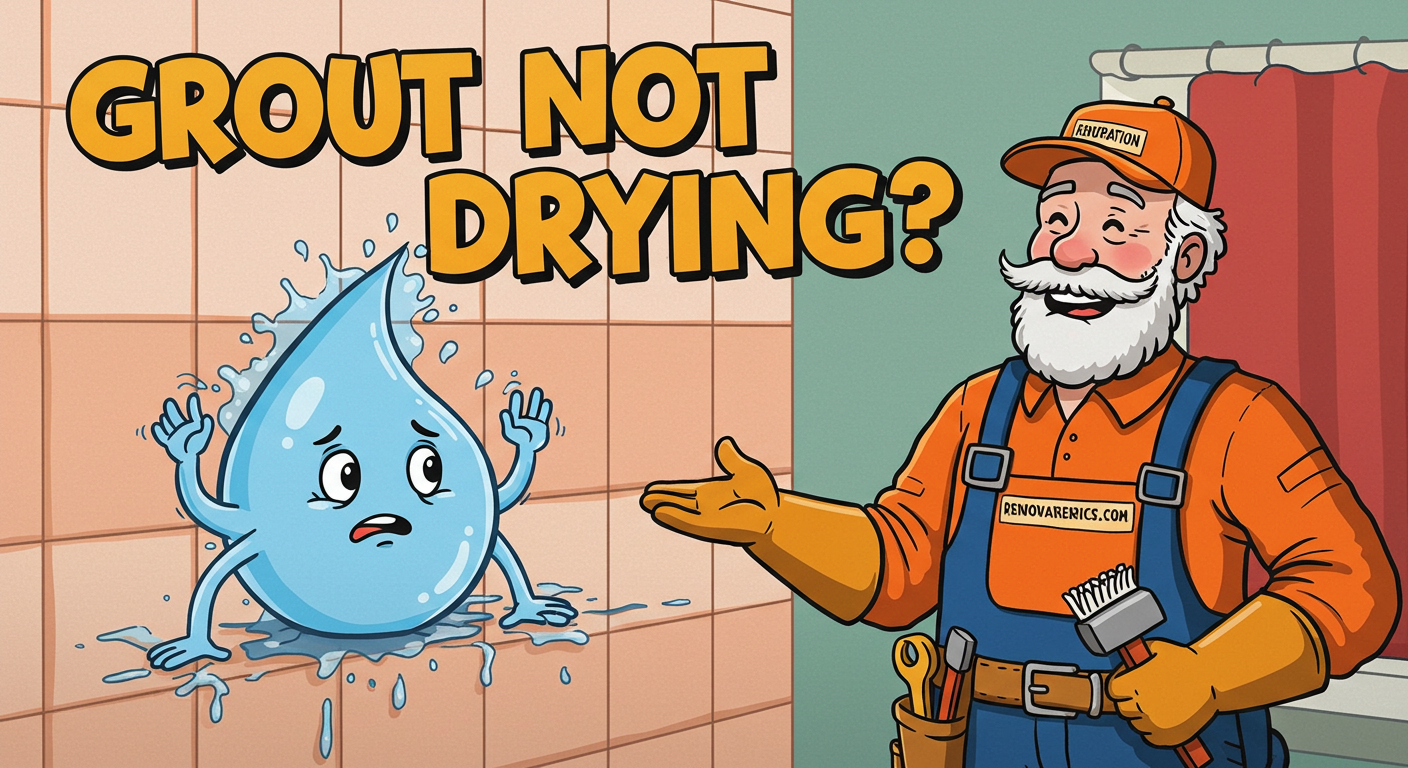 A cartoon-style illustration of a worried water droplet character trapped in wet grout while a friendly handyman in an orange uniform and overalls from RenovationServices.com offers advice. The text reads, "Grout Not Drying?" highlighting common tile renovation issues.