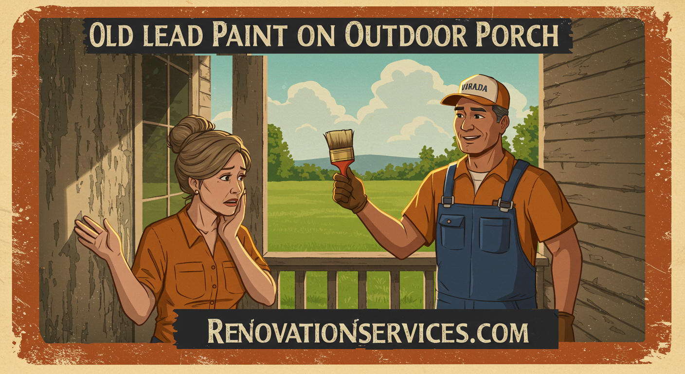 A distressed woman in an orange shirt reacts to deteriorating lead paint on her outdoor porch while a cheerful handyman in overalls and a cap offers a paintbrush. The text reads, "Old Lead Paint on Outdoor Porch," emphasizing the challenges of restoring historic homes.