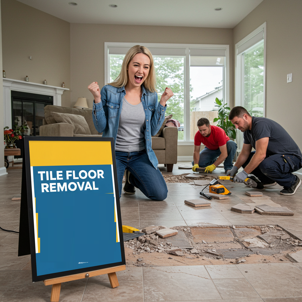 A thrilled homeowner kneels with excitement while professionals remove glued-down tile flooring in the background. A sign in the foreground reads "Tile Floor Removal," emphasizing the importance of expert techniques in avoiding common DIY mistakes.