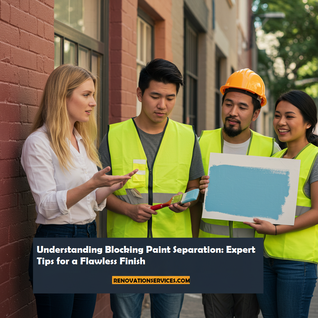 A group of construction professionals in high-visibility vests and a woman in a white shirt discuss paint techniques outside a brick building. One person holds a paintbrush and another displays a board with a blue paint sample. The text overlay reads: "Understanding Blocking Paint Separation: Expert Tips for a Flawless Finish."
