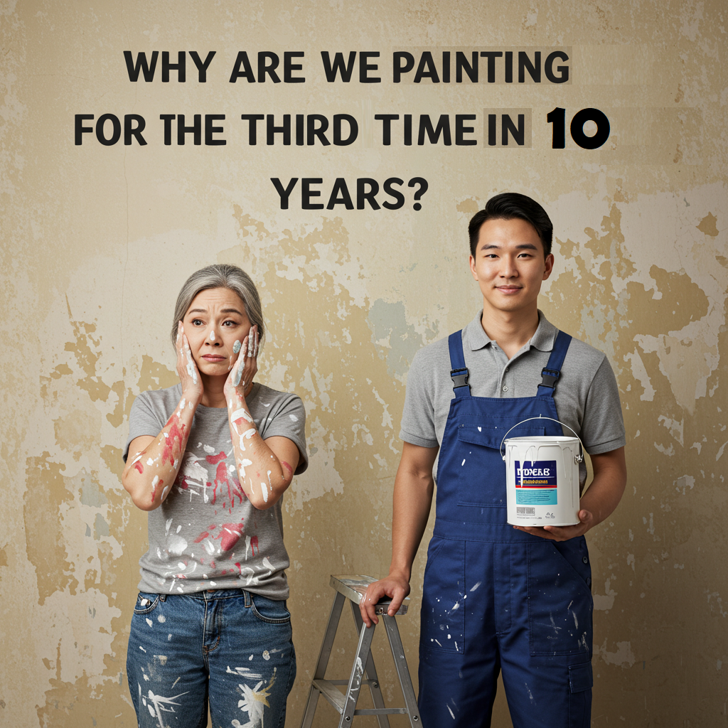 A frustrated woman with paint stains on her clothes and hands stands beside a professional painter holding a paint bucket, against a peeling wall. The text reads: "Why are we painting for the third time in 10 years?" highlighting frequent repainting issues.