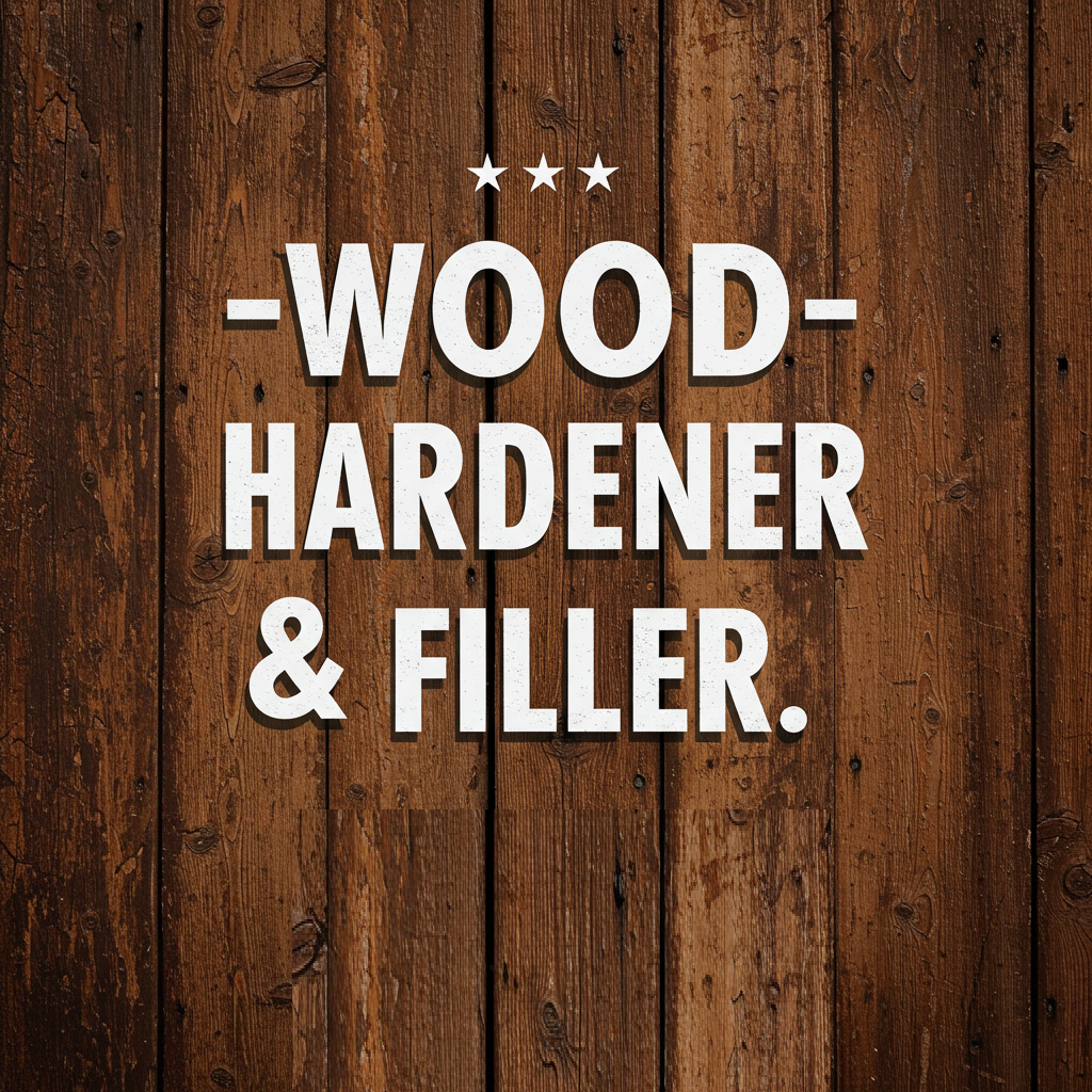 A close-up of a rustic wooden background with bold white text promoting "Wood Hardener & Filler." The weathered wood texture emphasizes the need for wood repair and restoration solutions.
