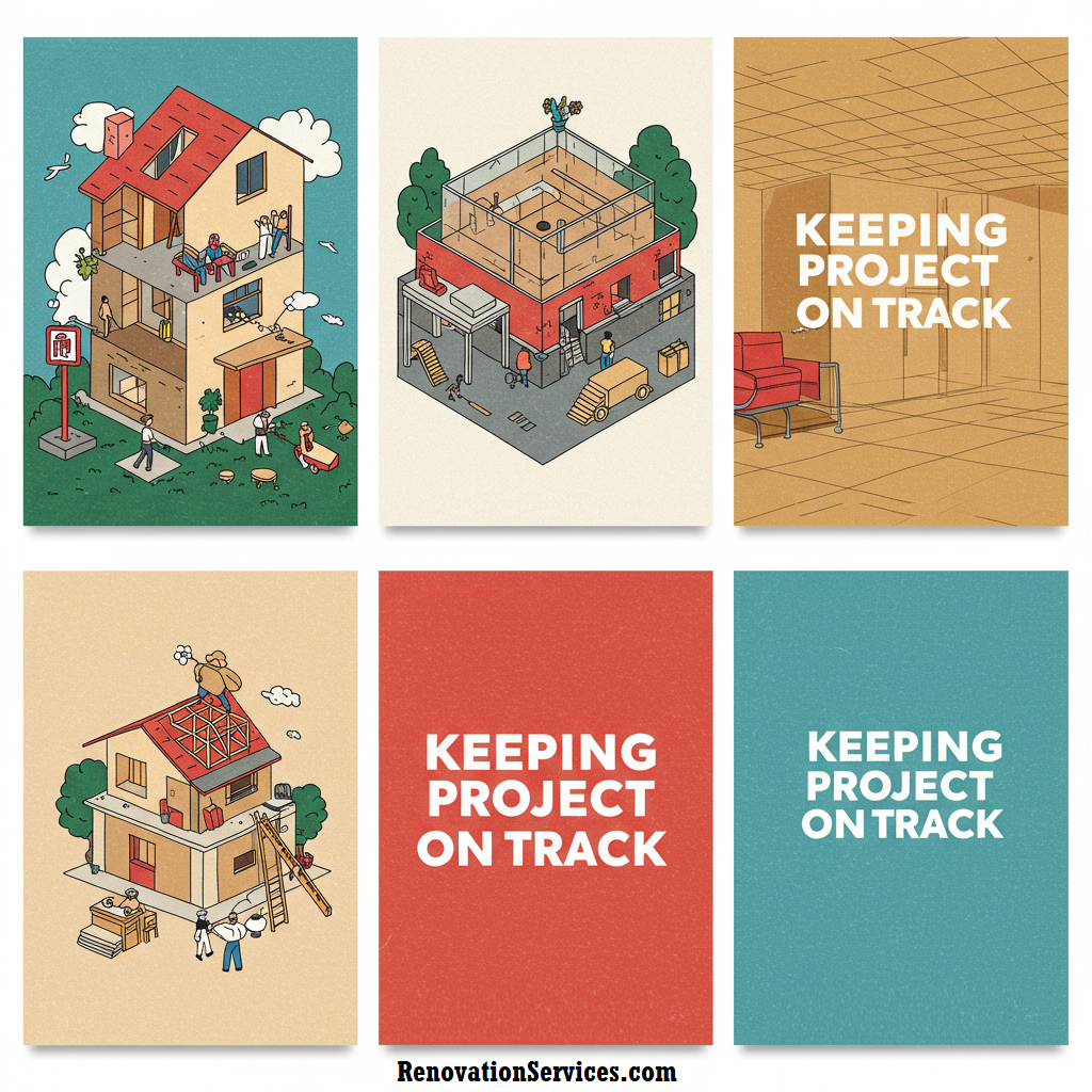 Illustration of home renovation process highlighting key phases like planning, construction, and inspections for successful project management.