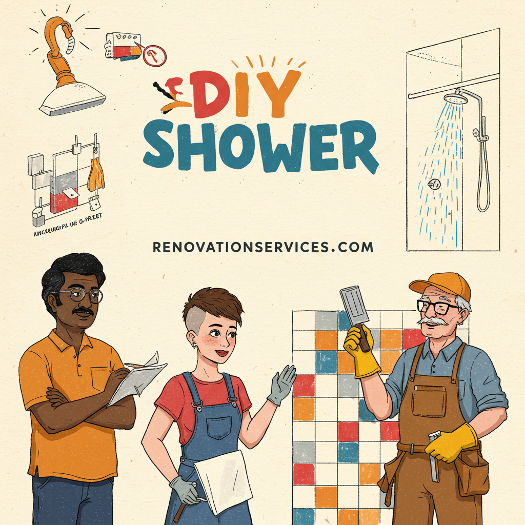 Illustration of three people planning a DIY shower remodel, featuring tools, tile designs, and shower fixtures. Text reads 'DIY Shower' with RenovationServices.com branding.