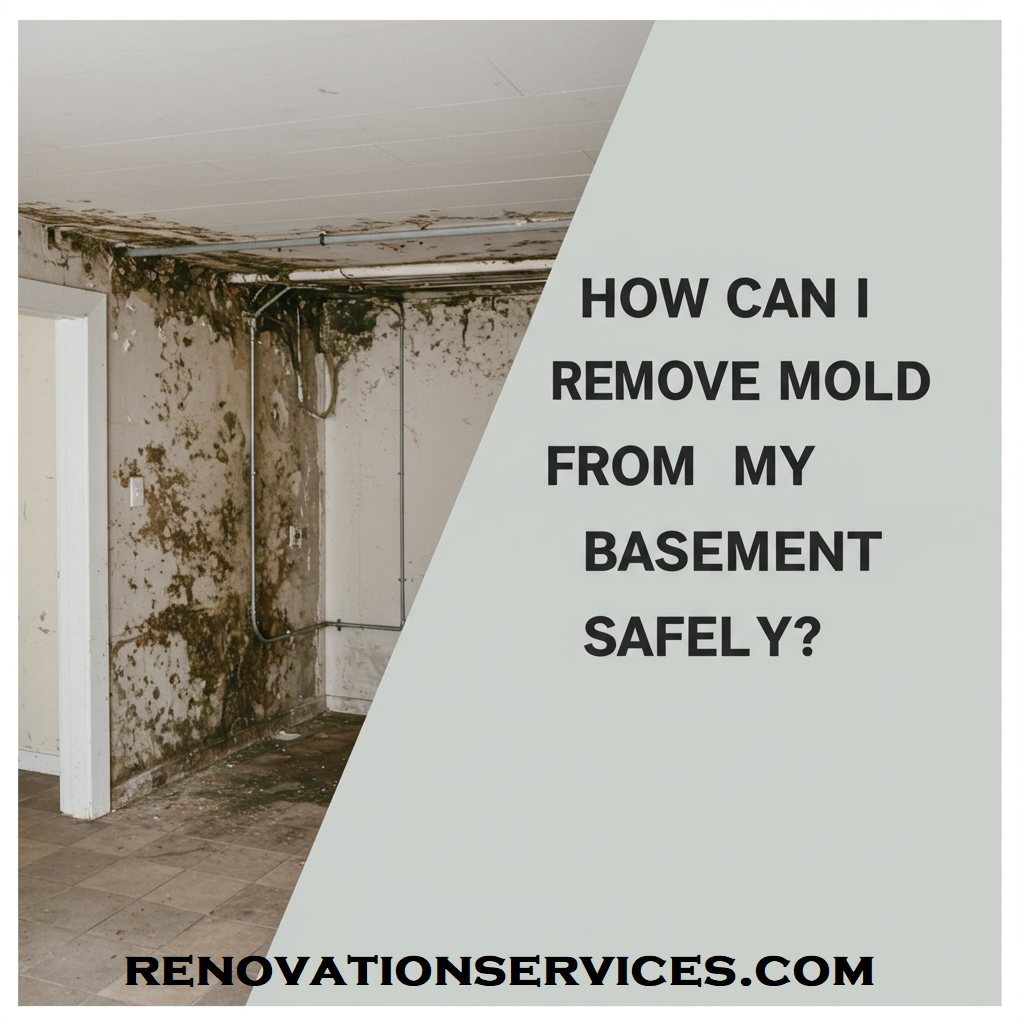 Mold-covered basement wall on the left and a diagonal overlay on the right that reads “How Can I Remove Mold from My Basement Safely?”