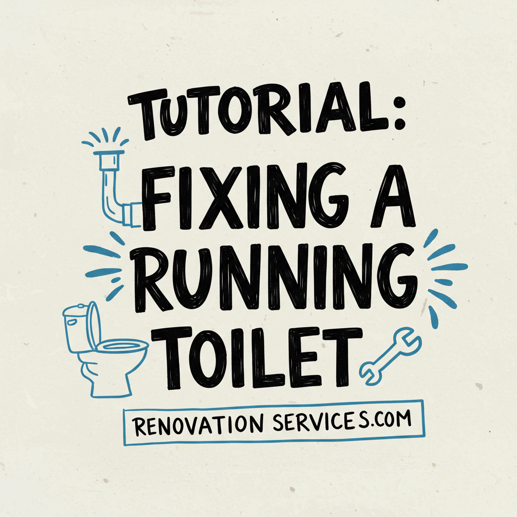 Hand-drawn tutorial title graphic showing plumbing icons with the text “Tutorial: Fixing a Running Toilet” for RenovationServices.com.