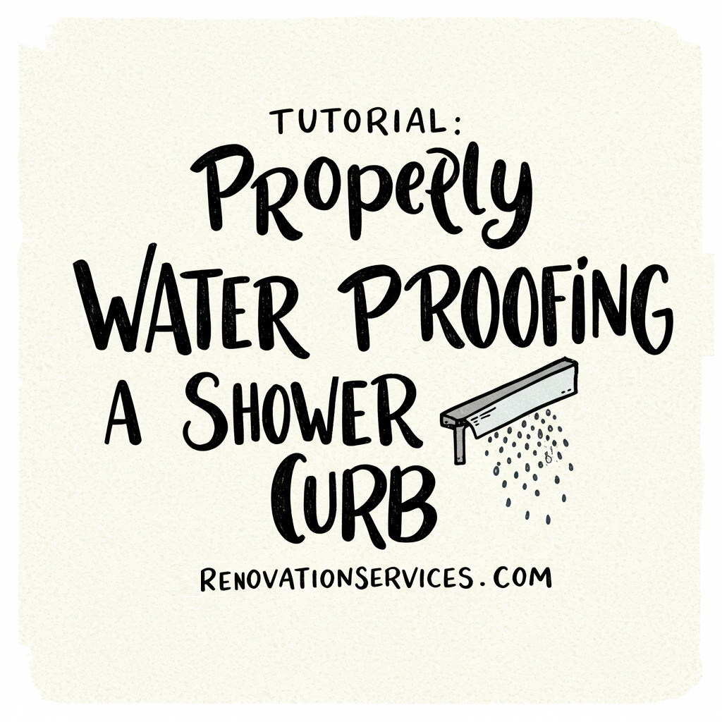 Illustration reading “Tutorial: Properly Waterproofing a Shower Curb” with a drawn shower head dripping water beside hand-lettered typography.