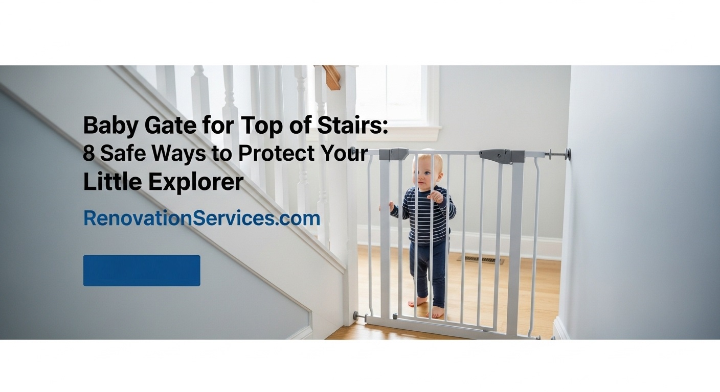 NYC brownstone staircase with baby safety gate installed at the top, headline overlay “Baby Gate for Top of Stairs: 8 Safe Ways to Protect Your Little Explorer”.