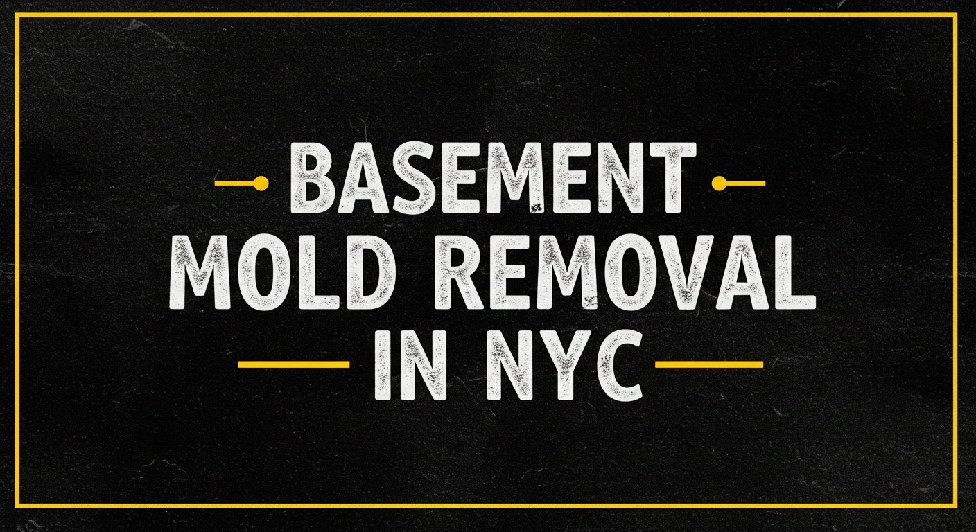 Bold white text “Basement Mold Removal in NYC” on black textured background framed by yellow lines.