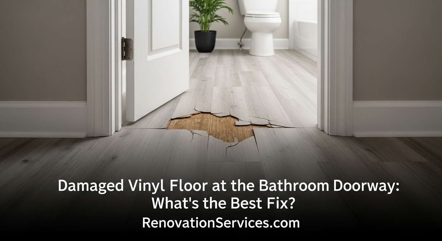 Bathroom doorway with grey vinyl flooring torn near threshold, exposing subfloor, over-laid headline “Damaged Vinyl Floor at the Bathroom Doorway: What's the Best Fix?”