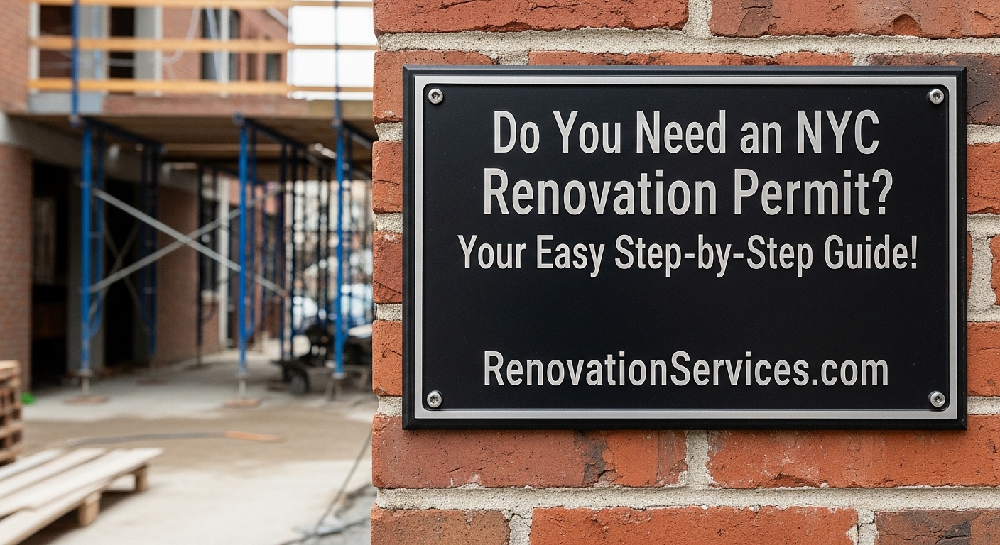 Sign asking 'Do You Need an NYC Renovation Permit?' - RenovationServices.com guide for NYC homeowners.