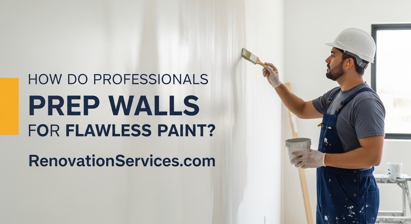 Painter wearing hard-hat and overalls brushing primer onto a white interior wall; headline text reads “How Do Professionals Prep Walls for Flawless Paint?”