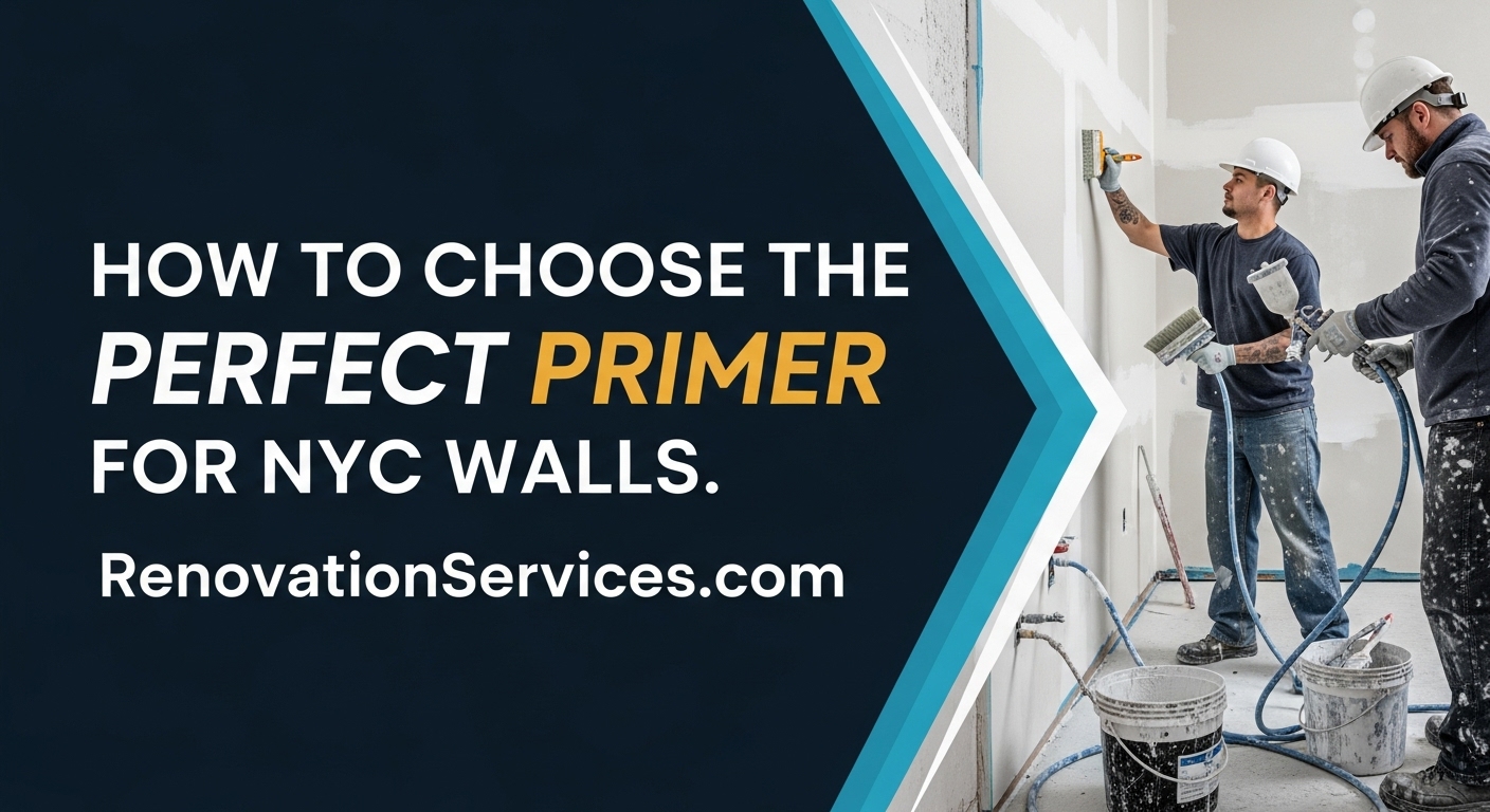 Two professional painters rolling primer onto new drywall; headline overlay reads “How to Choose the Perfect Primer for NYC Walls.”