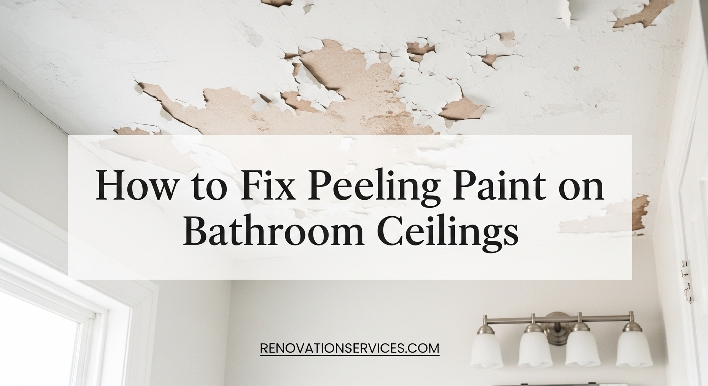 Bathroom ceiling with large patches of peeling white paint; headline overlay reads “How to Fix Peeling Paint on Bathroom Ceilings.”